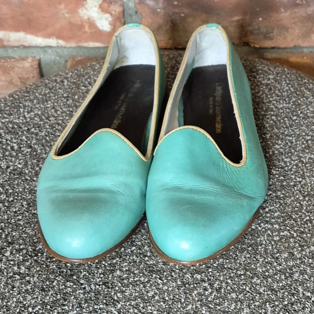 Italian Turquoise Leather Smoking Flats EU 37 Artisan Loafers Coastal Chic - Picture 4 of 13